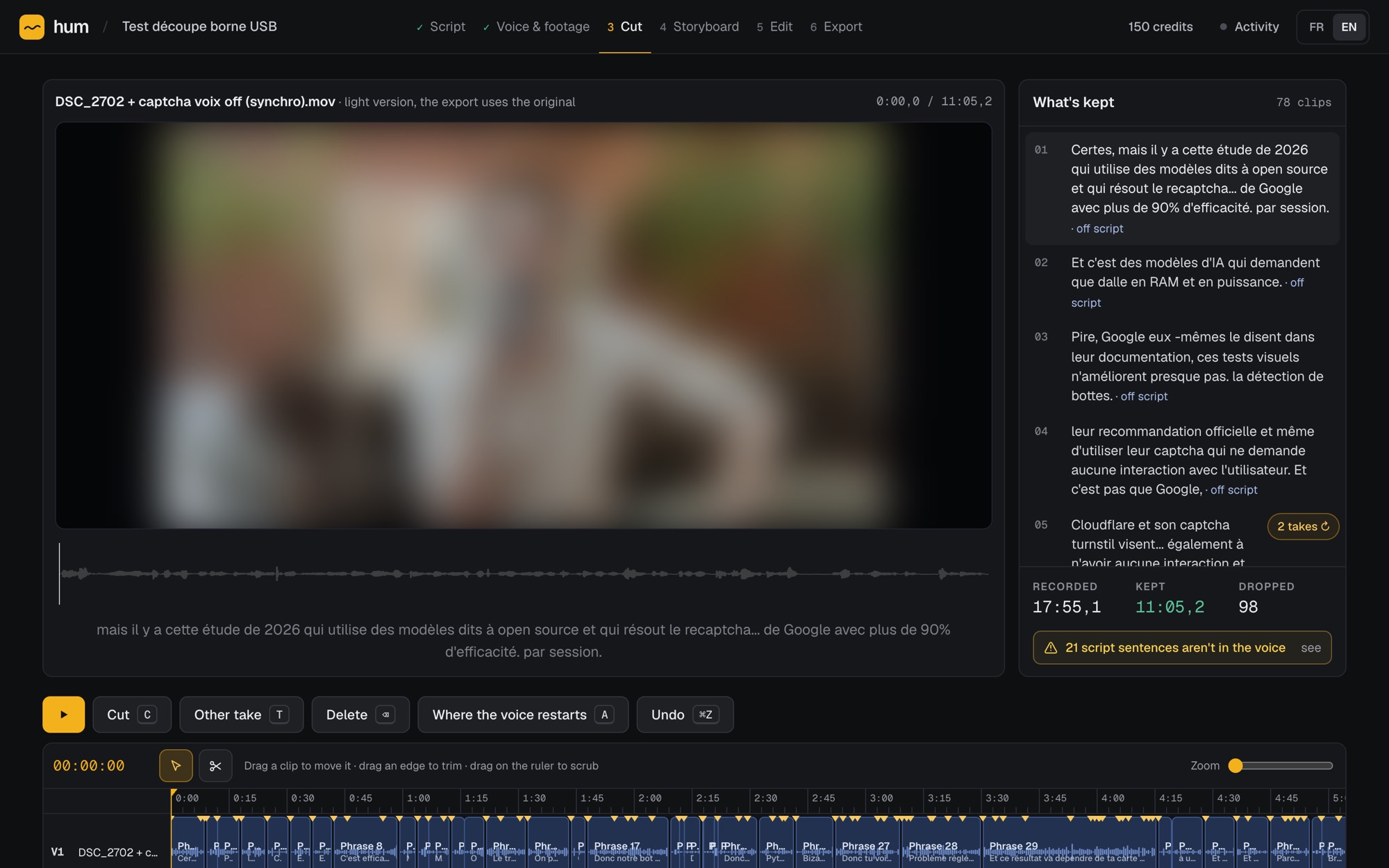 The Cut screen: the video, the list of kept sentences, and the timeline of takes.