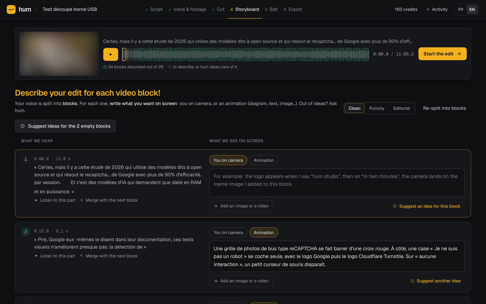 The hum storyboard: your voice split into blocks, and for each block what we see on screen.